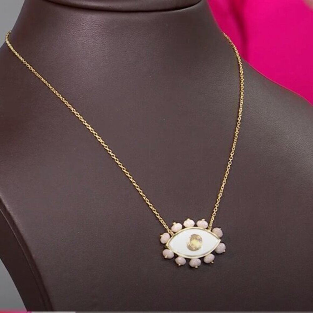 Rarities Gold-Plated Multigemstone EVIL EYE Chain Mother of Pearl Necklace NWT